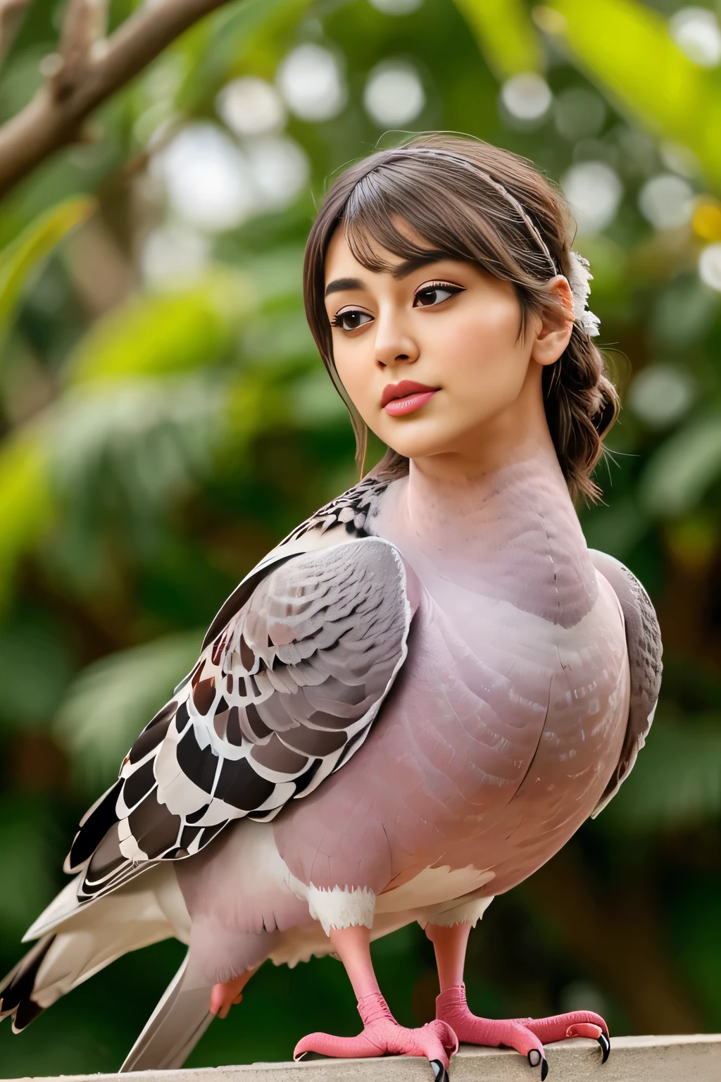 Hansika Motwani is a pigeon bird, She is a bird but her head looks like girl, from neck to full body looks like pigeon bird. Pigeon legs, pigeon wings. Bird body, pigeon body, perfect picture, perfect bird, real bird, Real head replace with real pigeon head. Exact Bird. Red Color pigeon.