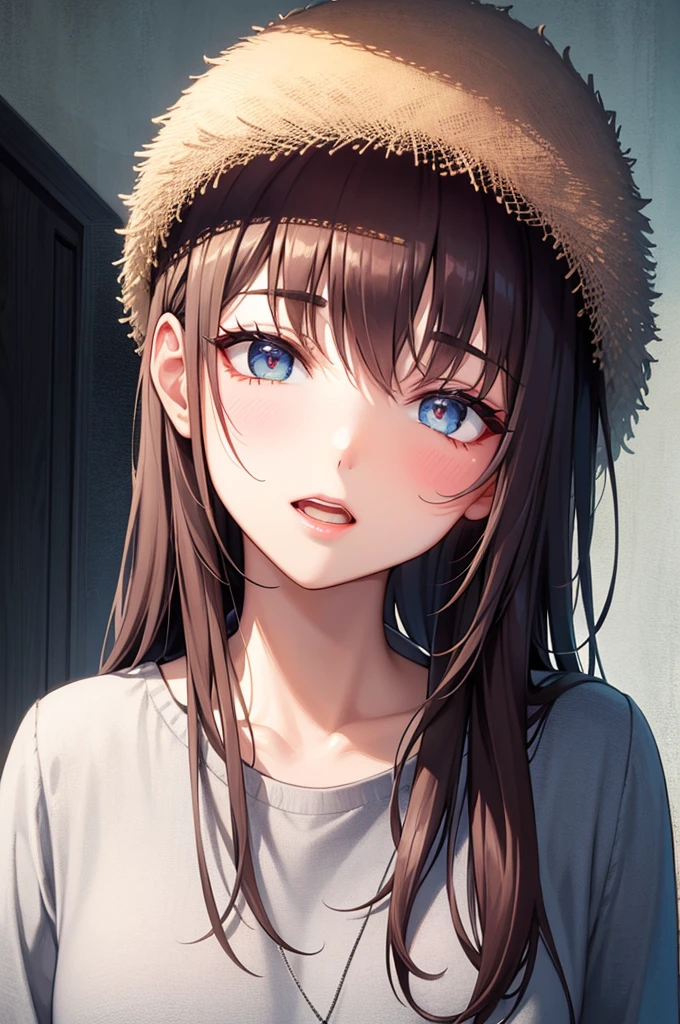 head of'artwork, ((ultra detailed background, Delicate pattern, complex detail)), (very detailed, Fine details), best quality, beautiful lighting, ((average breasts, slim girl)), NamiFinale, ((White shirt, Red skirt)), simple shirt, 1girl, Red hair, only, long hair, jewelry, Brown eyes, smile, loops of'ears, covered shoulders, (complex detailed background, to l'interior, room environment, wooden walls, window, Rays of light), (cowboy shot),