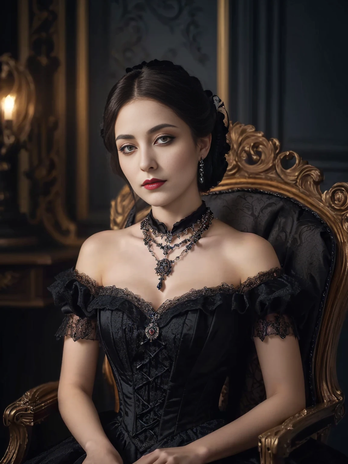 Woman sitting on a chair wearing a black dress and holding a necklace, Elegant Gothic princess, From the Victorian nobility, Gothic Regal, elegant victorian vampire, Elegant corset, victorian goth, beautiful victorian woman, victorian gothic, beautiful fantasy empress, Beautiful vampire female queen, Wearing a gothic dress, victorian style costumes, The Lovely Queen, gothic princess portrait, wear gothic accessories
