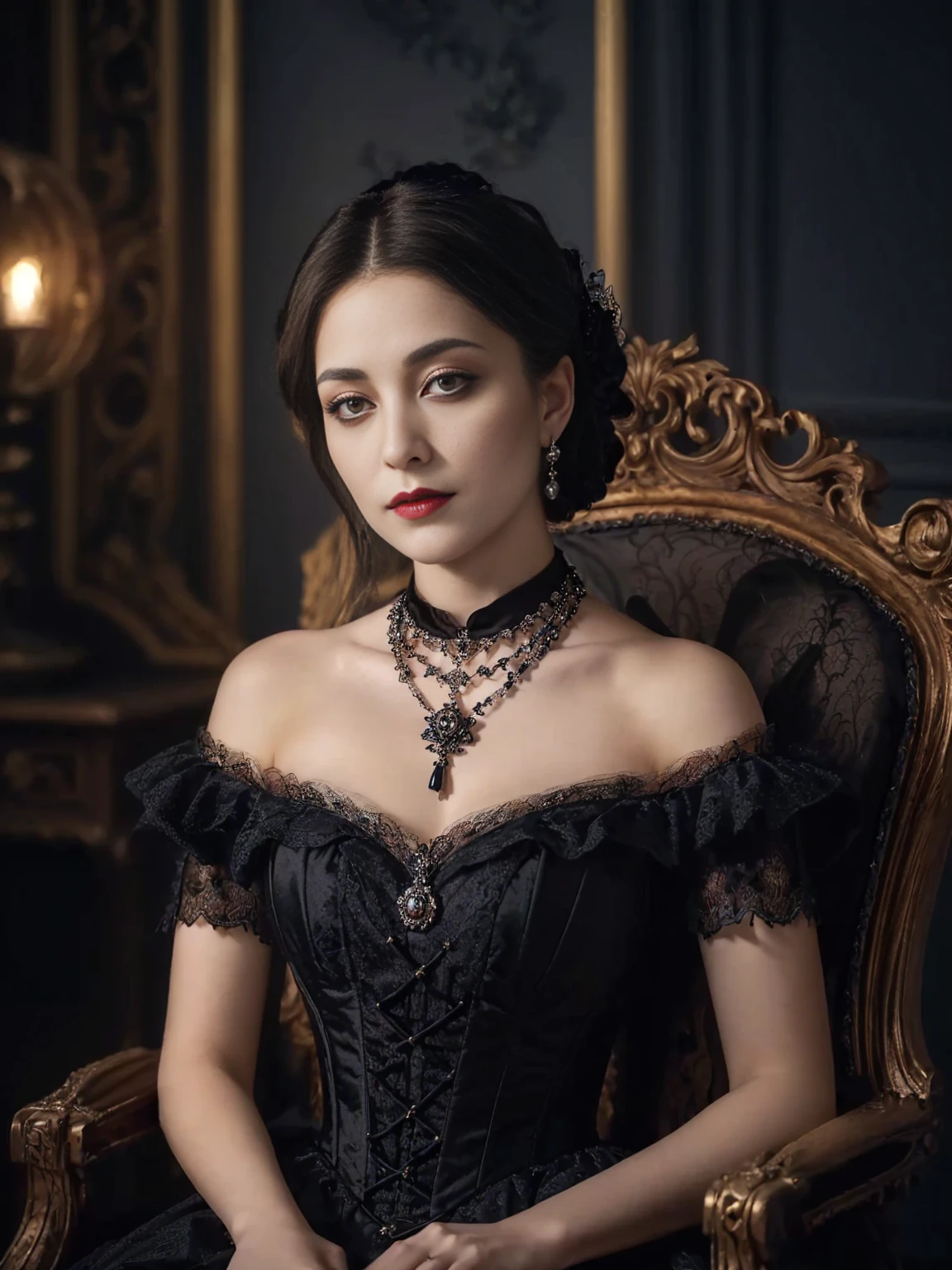 Woman sitting on a chair wearing a black dress and holding a necklace, Elegant Gothic princess, From the Victorian nobility, Gothic Regal, elegant victorian vampire, Elegant corset, victorian goth, beautiful victorian woman, victorian gothic, beautiful fantasy empress, Beautiful vampire female queen, Wearing a gothic dress, victorian style costumes, The Lovely Queen, gothic princess portrait, wear gothic accessories