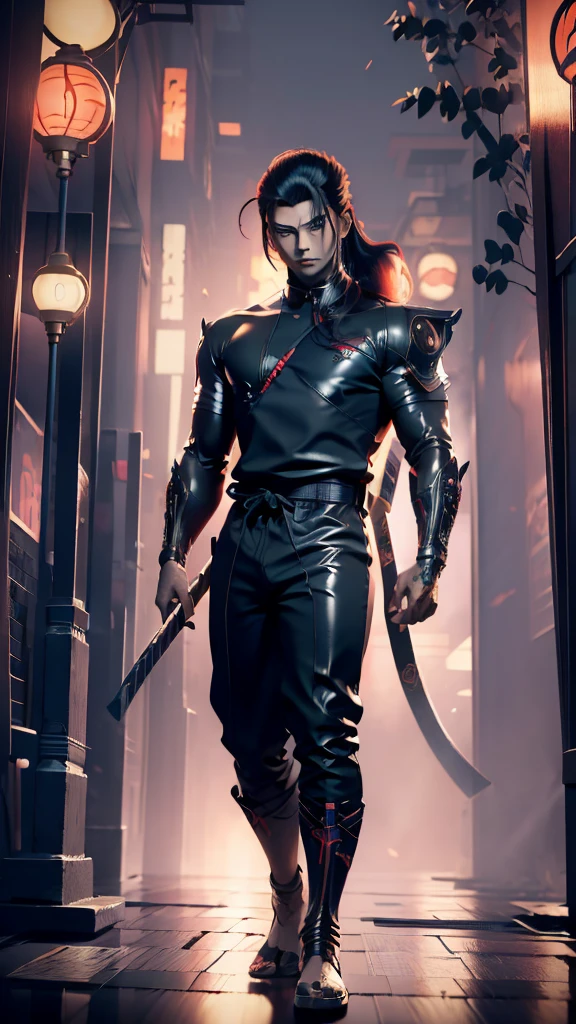 (masterpiece) finest quality, ultra-detailed, ultra-realistic, 20 year old men, piercing glace, cyberpunk outfit,red neon on the cyberpunk outfit, red eye color, futuristic tokyo background, night time, tokyo on fire, rainy weather, long hair, holding a katana, cyberpunk katana