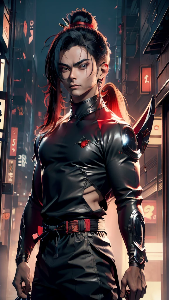 (masterpiece) finest quality, ultra-detailed, ultra-realistic, 20 year old men, piercing glace, cyberpunk outfit,red neon on the cyberpunk outfit, red eye color, futuristic tokyo background, night time, tokyo on fire, rainy weather, long hair, holding a katana, cyberpunk katana