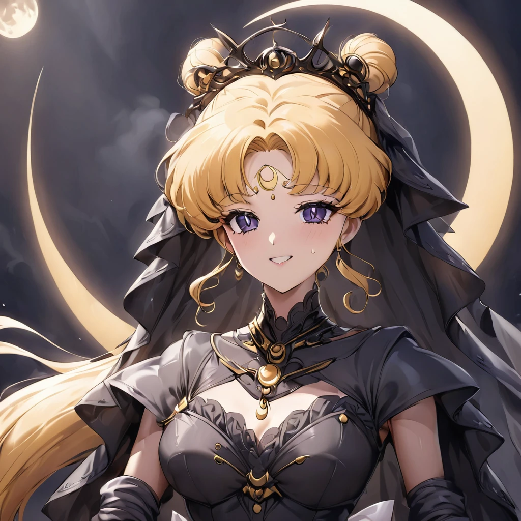 ((Highest quality)), ((masterpiece)), (detailed), (Perfect Face)、Black moon mark on forehead、The woman is the Dark Queen of the Black Moon of the Black Moon Clan, Black Serenity, and has blonde hair.2The woman with long hair tied up is Princess Serenity、The woman has a black inverted crescent moon mark on her forehead, is a bride wearing a black luxurious Gothic Victorian wedding dress and a black wedding veil, and is looking at the camera with a happy expression, like a jet-black princess serenity, a maiden in love.、Woman is Black Serenity