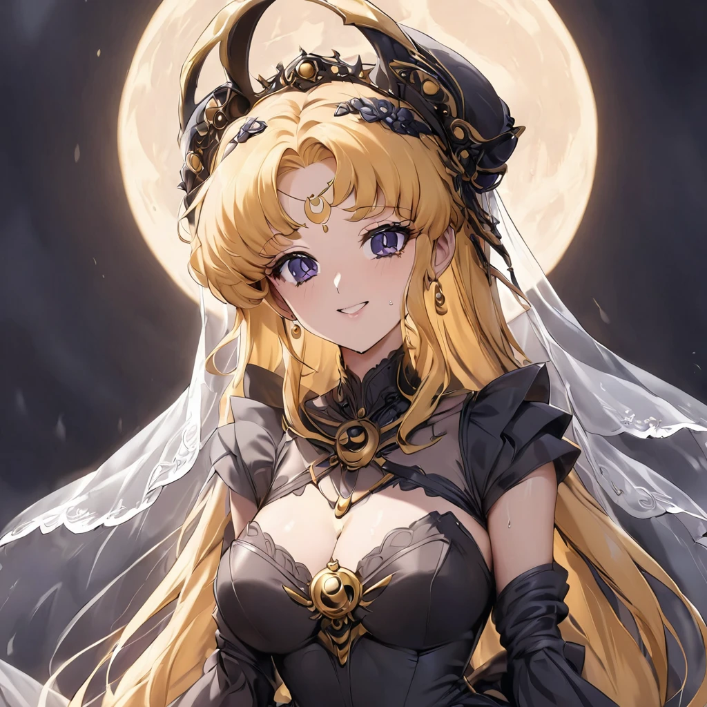 ((Highest quality)), ((masterpiece)), (detailed), （Perfect Face）、Black moon mark on forehead、The woman is Black Serenity, the noble dark queen of the Black Moon clan and has blonde hair.２The woman with long hair tied up is Princess Serenity、The woman has a black inverted crescent moon mark on her forehead, a gorgeous and glittering black gothic Victorian dress, a black veil and a black see-through cape, and is wearing luxurious jeweled accessories. She is the Queen of Darkness, the jet-black Princess Serenity, looking at the camera with a happy expression, and has the expression of a maiden in love.