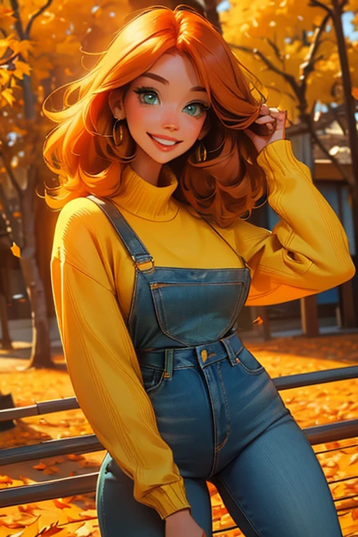 Perfect face, Perfect hands. An orange haired woman with green eyes and an hourglass figure in a yellow sweater and jeans is spinning in a flurry of autumn leaves with a big smile