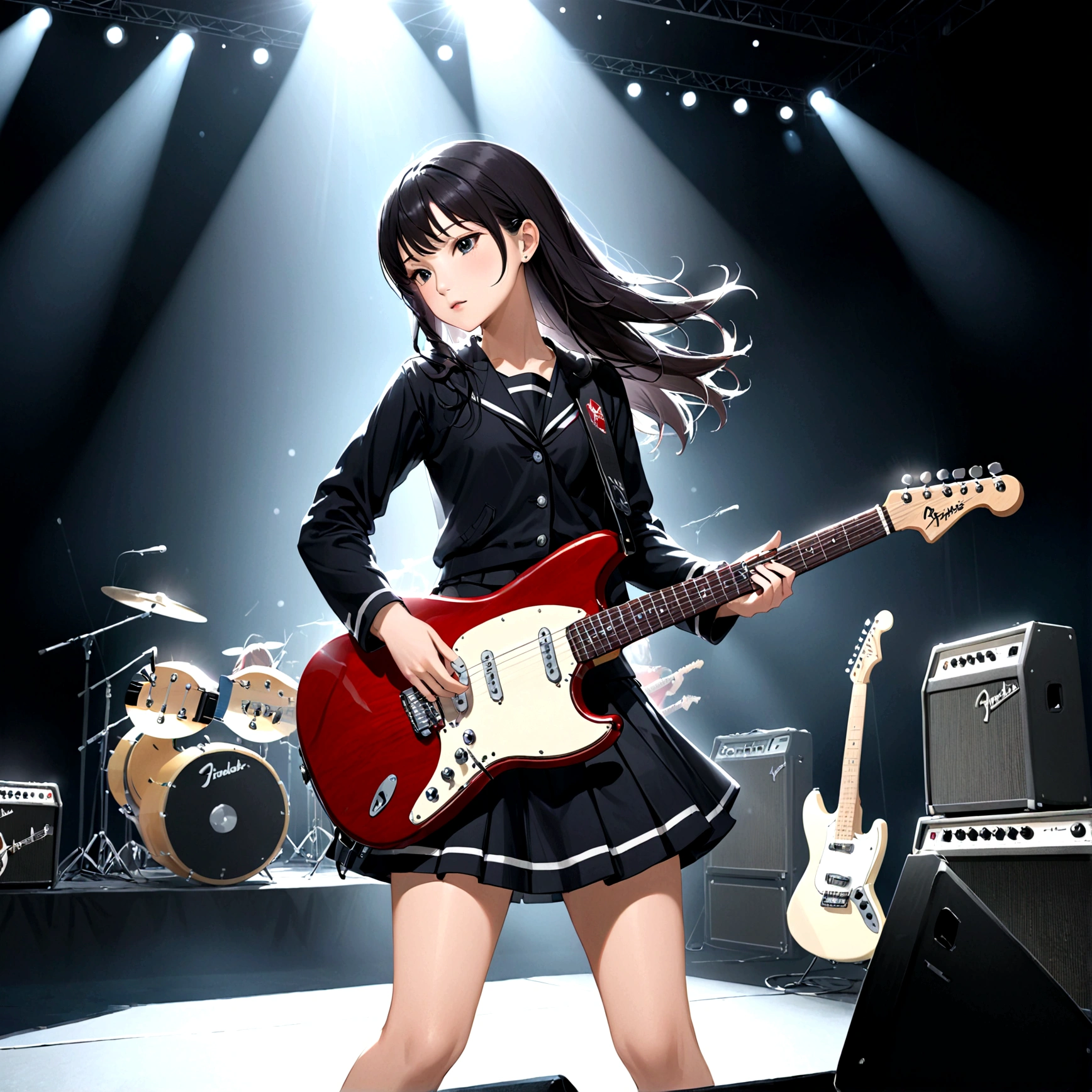 6 strings、There are six pegs、high school girl、Electric guitar、fender mustang、Big Stage