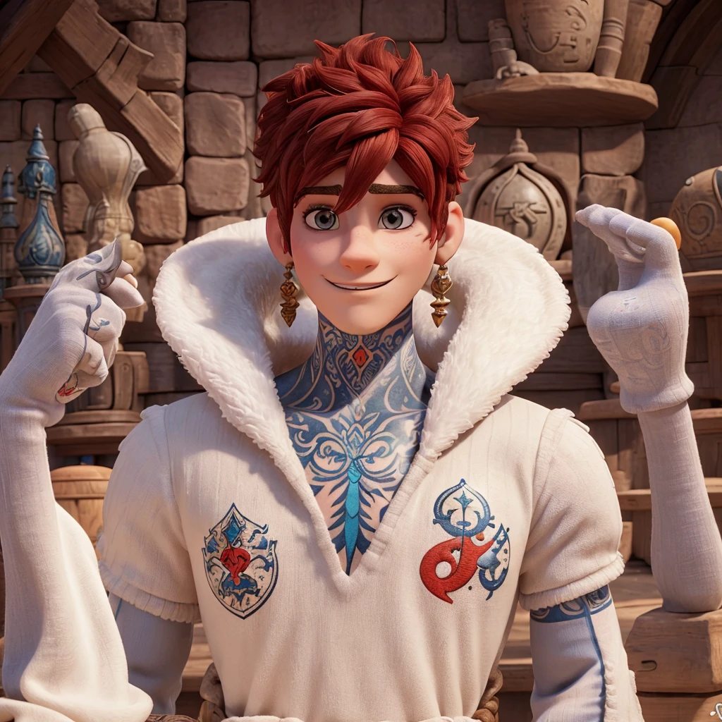 sorcièr tatouer et avec des percings avec une tenue entièrement blanche avec de légers motif or et rouge avec les cheveux très courts brun et au yeux or et brun dans l'univers de disney