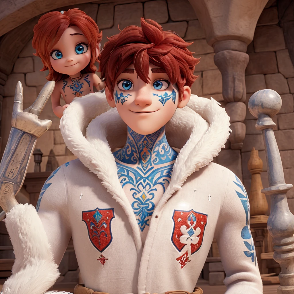sorcièr tatouer et avec des percings avec une tenue entièrement blanche avec de légers motif or et rouge avec les cheveux très courts brun et au yeux or et brun dans l'univers de disney