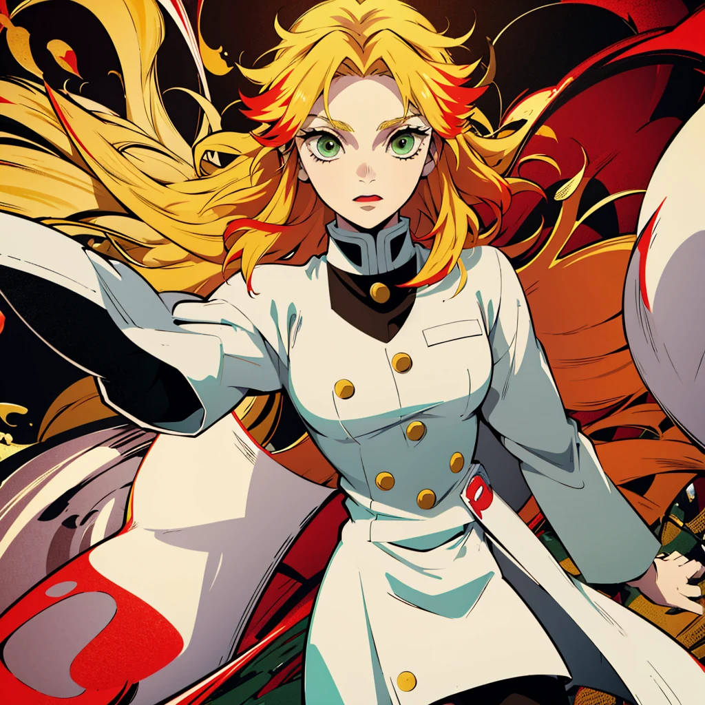 White young woman, Yellow hair with red details in her hair, Medium hair, Green eyes, neutral face, Linda, Sword, demon slayer uniform, red highlights in hair