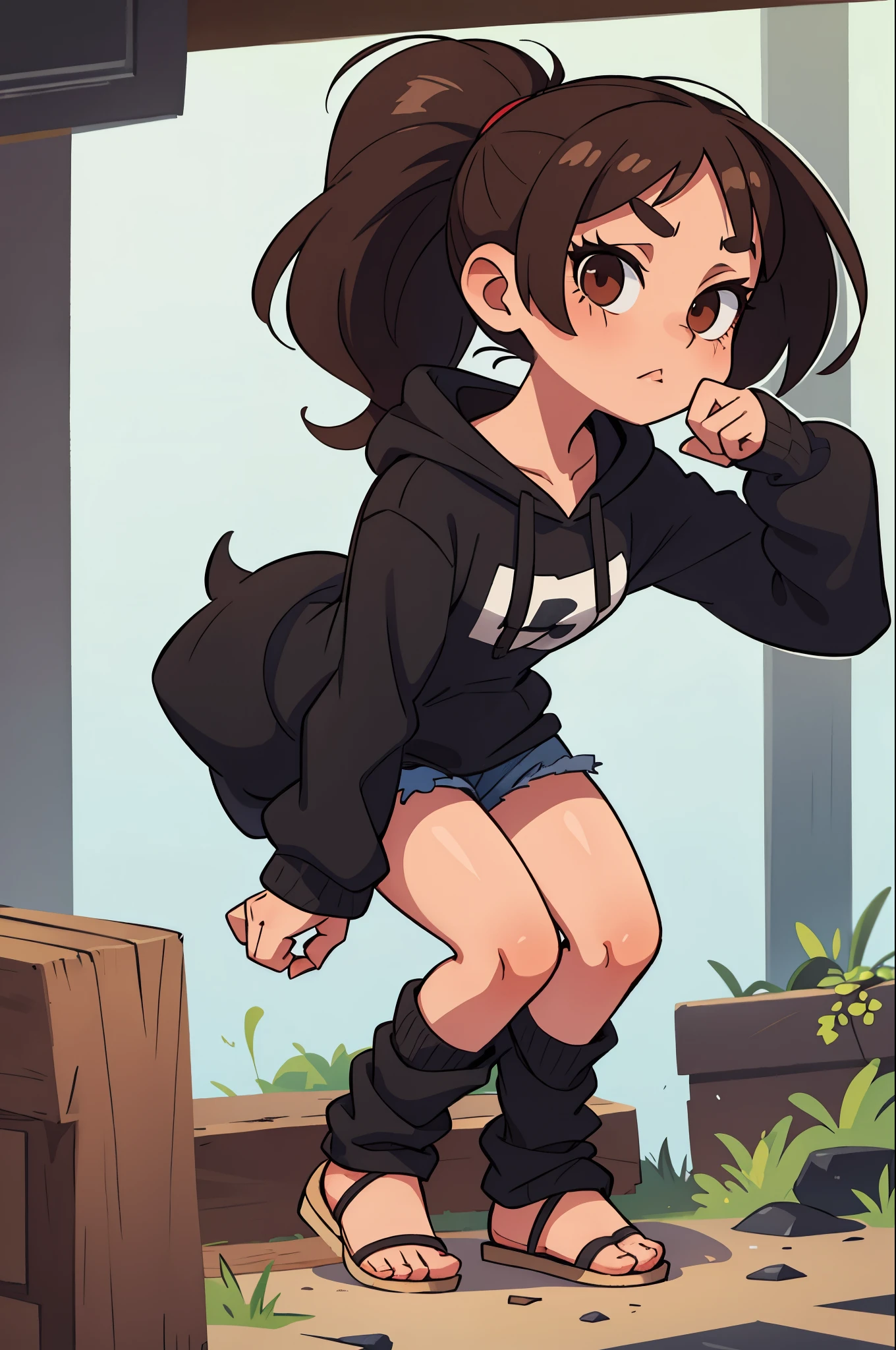 a brunette girl with a short high ponytail with brown eyes wearing an oversized emo hoodie and black bell-bottom jeans