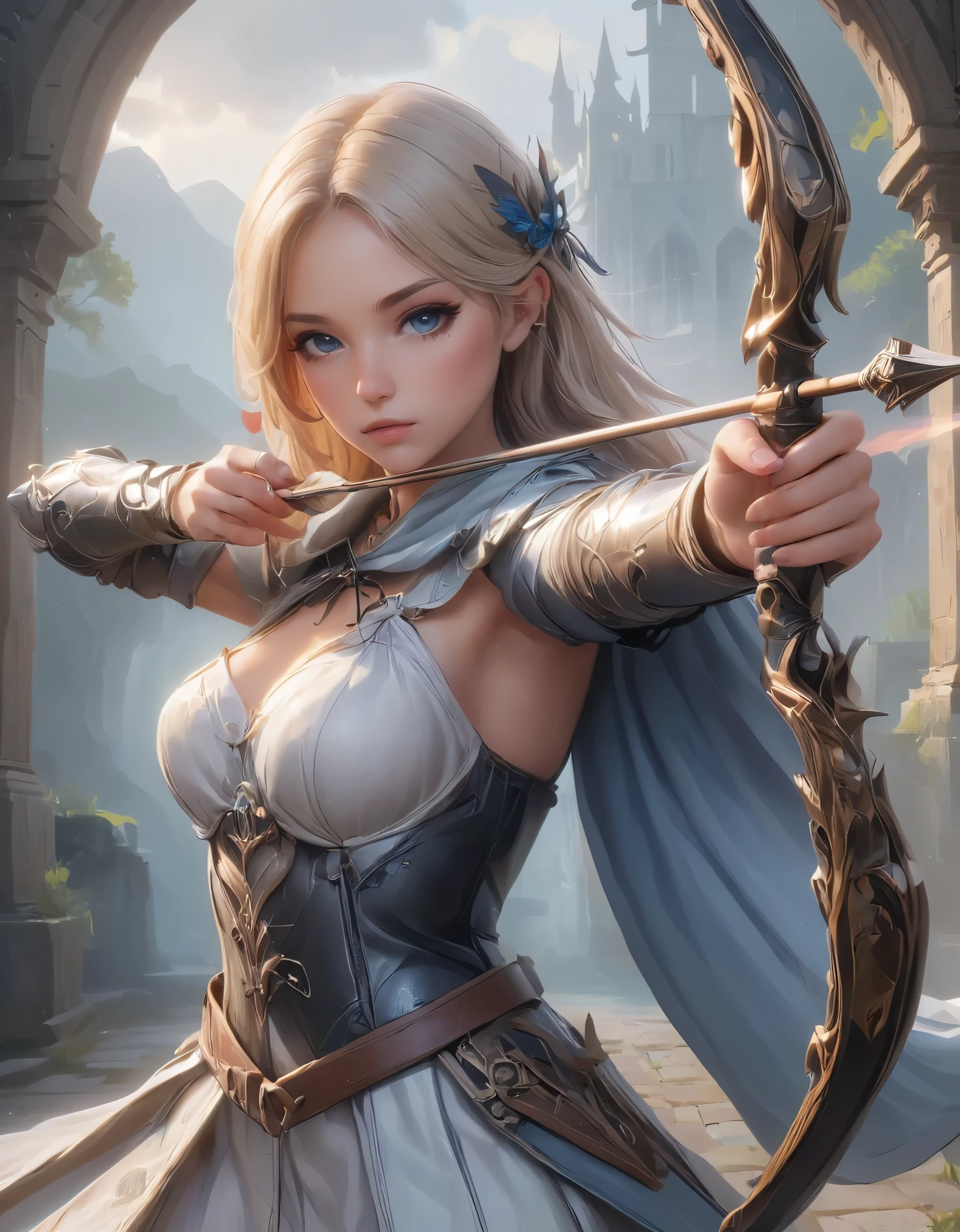 Woman shooting a bow, Large Bow and Arrow, Take aim, longbow , Aiming with a bow, Delicate expression, Perfect hands(Five fingers), Beautiful Hair, Shiny Hair, Beautiful Skin, Detailed face and eyes, Glossy Lips, Medieval Fantasy, dramaticな照明, Film composition, dramaticなポーズ, Medieval Armor, Intricate details, Dramatic atmosphere, Moody lighting, an epic fantasy, Very detailed, Cinematic, dramatic, powerful, strong, (Highest quality:1.2, Very detailed, Latest, Vibrant, Ultra-high resolution, High Contrast, masterpiece:1.2, Highest quality, Best aesthetics),