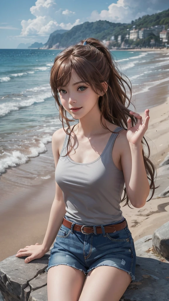 (masterpiece:1.2), (photoRealistic:1.2), (best quality),((Realistic:1.3)), (Detailed skin:1.3), (Intricate details), One girl, dramatic, quality,Realistic lighting, ponytail, Small breasts,One girl,Arisa, Long Hair, dull_bangs, Brown Hair, Grey Eyes, smile,View your viewers, alone, High resolution, Beach, Please raise your hand, Underarm, thigh, Nice hands, Fine hand, Fine grain, Good Eyes, T-Shirts, Levi 's, Sitting on a rock 