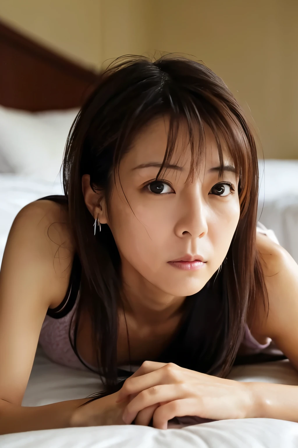 Slender Japanese wife, 40 years old, ((correct human anatomy)), {short|long} hair, lying on the bed in a hotel, a photo captured right after making love, sexually satisfied face, ((detailed face expression))