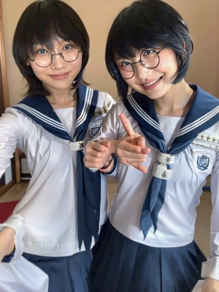 Suzuka in a sailor suit and a man in a suit with his bangs down, Couple, Two-shot selfie
