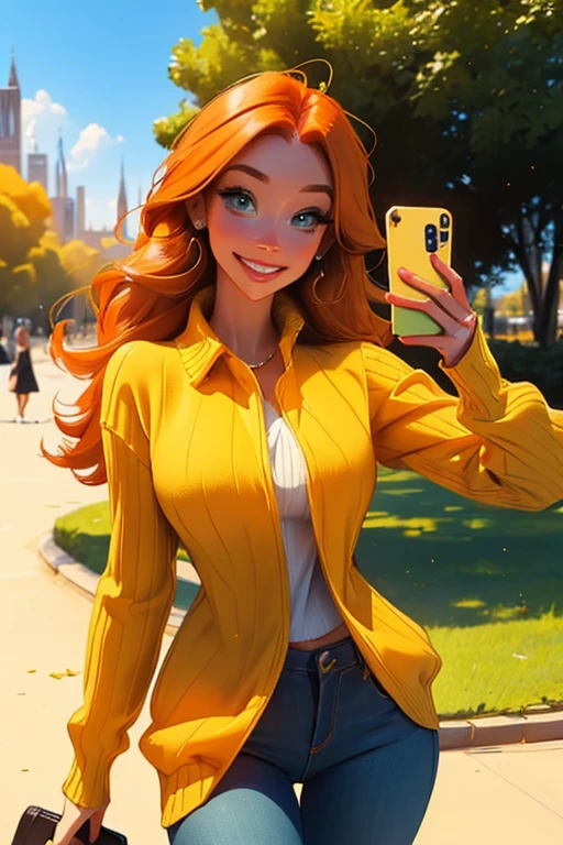 Perfect face, Perfect hands. An orange haired woman with green eyes and an hourglass figure in a yellow sweater and jeans is taking a selfie in the park with a big smile