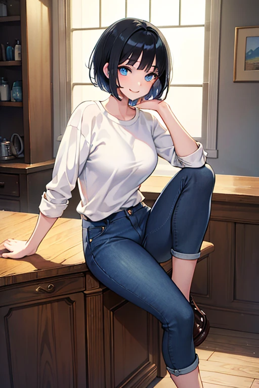 ((Highest quality)), ((masterpiece)), (Familiar), Illustration Style,Perfect Face,1 Girl,Black Hair,Short Hair,Glowing Skin,big, Bright Blue Eyes,Beautiful Bangs,Small breasts,Super Beauty,woman,,Denim jeans,Beautiful clothes,smile