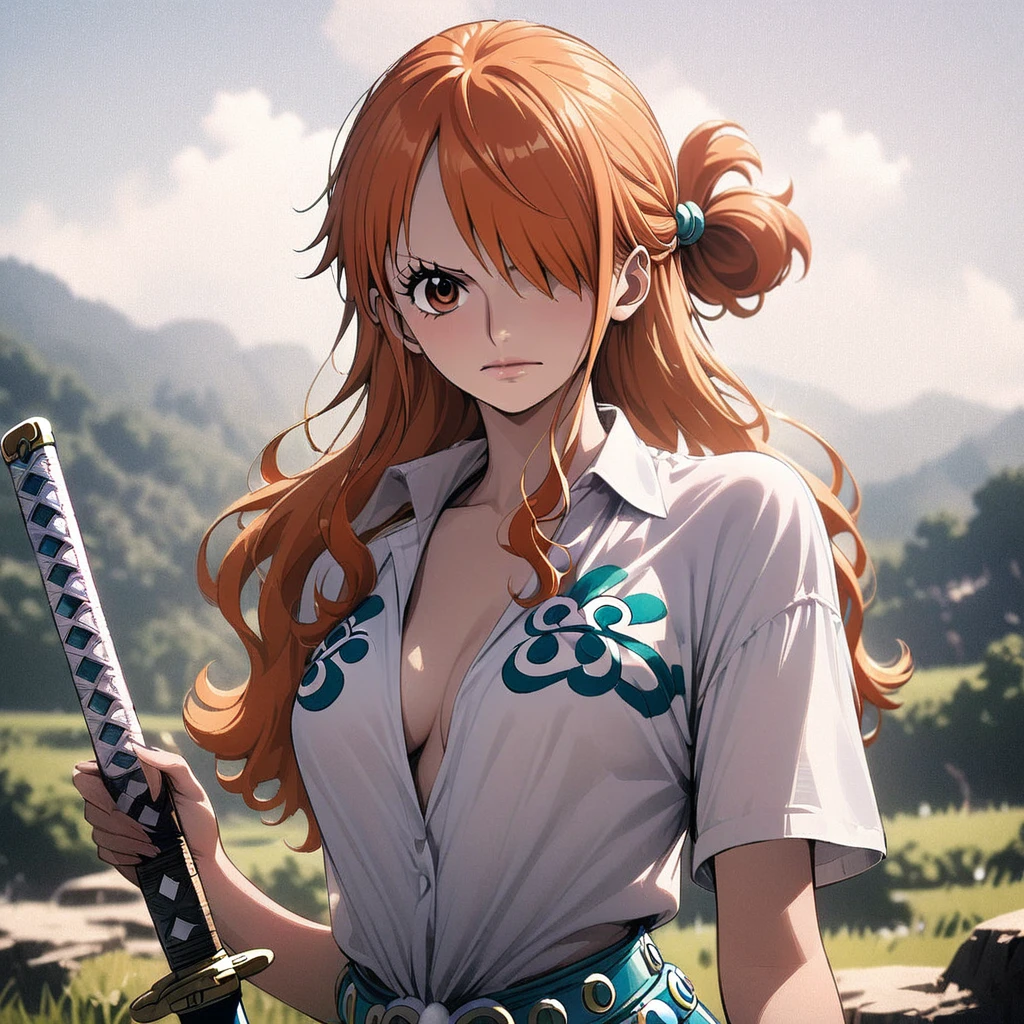masterpiece, best quality), intricate details, 1 girl, woman, orange hair, nami \ (one piece\), (long hair), shirt, white shirt, female focus, clothes, wearing swimsuit, nature, scenery, upper body, ((front view)) ((close up shot)) ((solo)) ((hair over one eyes)) detailed, very high resolution, no blurry image, full body, orange eyes, sligh wavy hair, ((nami from one piece)) ((female nami from one piece)), holding katana, (((hair tied up)) ((front view))