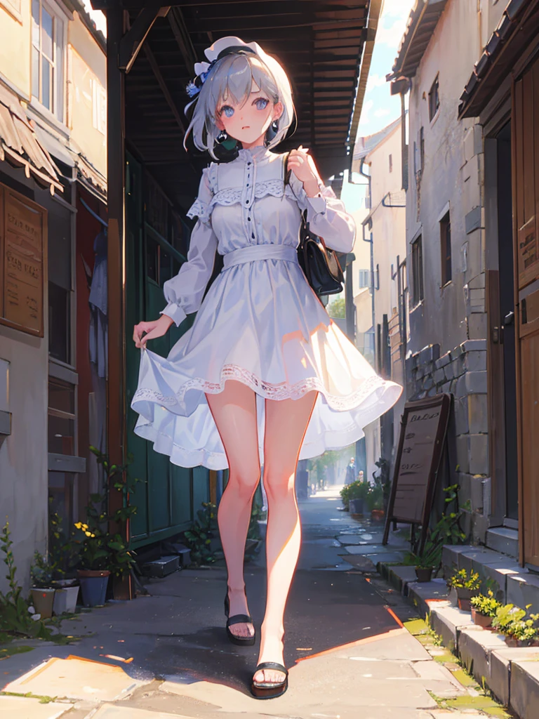 une fille qui marche de do dans un village
