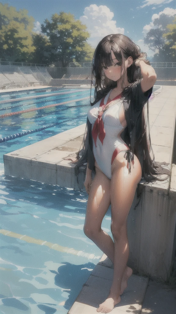 ((masterpiece,Highest quality)),Two Girls, Swimsuit, High leg,, Black Hair, Poolside, Day, Swimming Stadium, ,Tie-up hair, View your viewers, Recall, Multiple Girls, heart, Outdoor, Brown Hair, barefoot, stage, Are standing, Soaking wet, glamorous、y pose