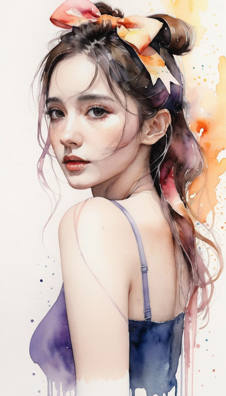 (8k, best quality, masterpiece:1.2),(best quality:1.0), (ultra highres:1.0), watercolor, a beautiful woman, shoulder, hair ribbons, by agnes cecile, half body portrait, extremely luminous bright design, pastel colors, (ink:1.3), autumn lights,