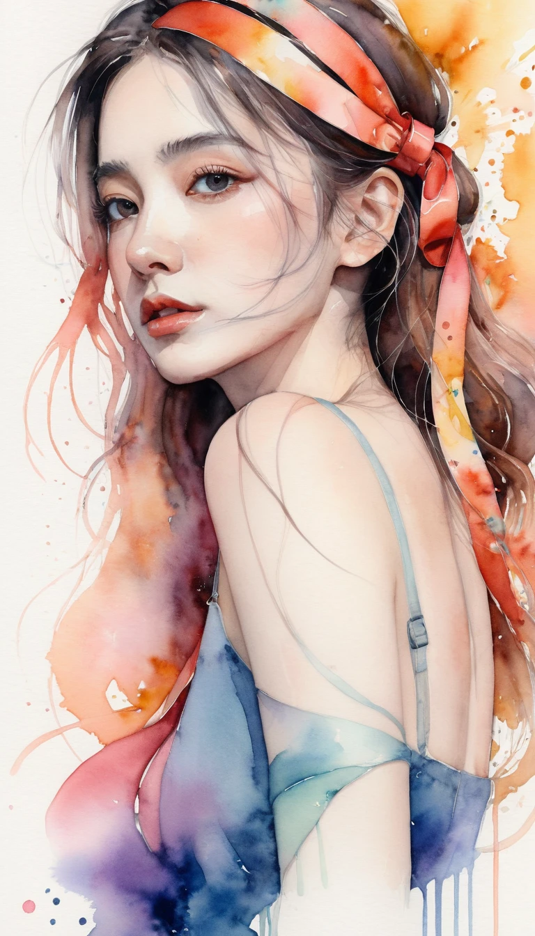 (8k, best quality, masterpiece:1.2),(best quality:1.0), (ultra highres:1.0), watercolor, a beautiful woman, shoulder, hair ribbons, by agnes cecile, half body portrait, extremely luminous bright design, pastel colors, (ink:1.3), autumn lights,