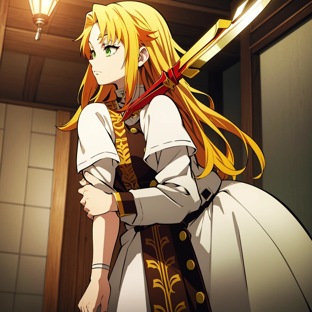 White young woman, Yellow hair with red details in her hair, Medium hair, Green eyes, neutral face, Linda, Sword, demon slayer uniform, red highlights in hair
