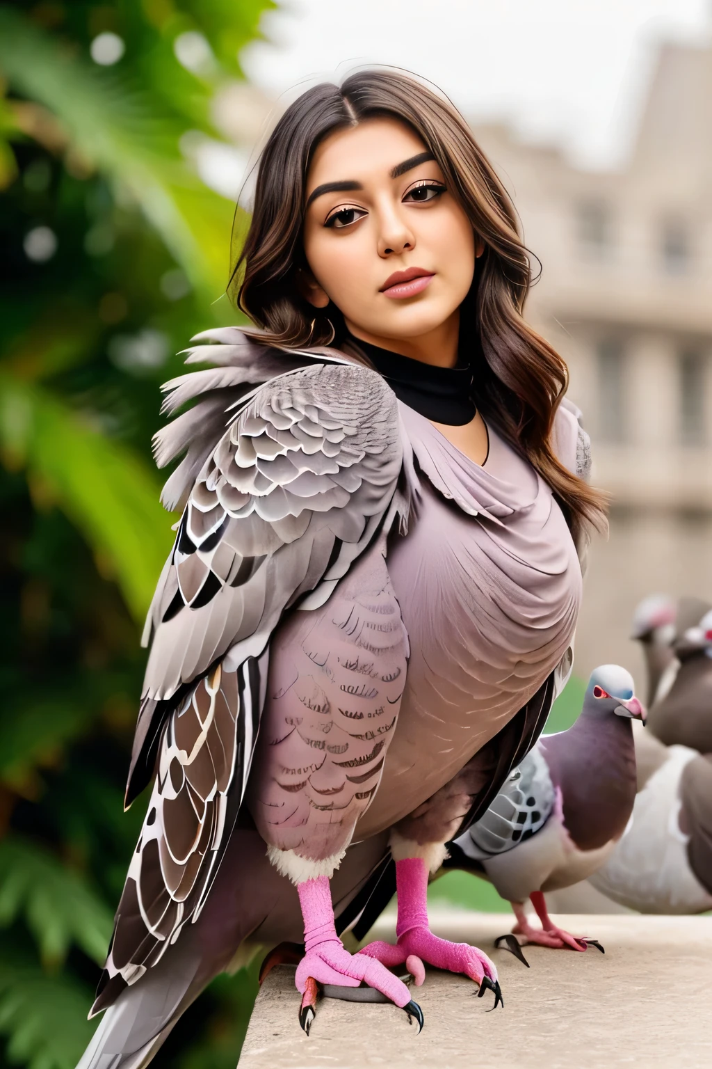 Hansika Motwani is a pigeon bird, She is a bird but her head looks like girl, from neck to full body looks like pigeon bird. Pigeon legs, pigeon wings. Bird body, pigeon body, perfect picture, perfect bird, real bird, Real head replace with real pigeon head. Exact Bird. Red Color pigeon.