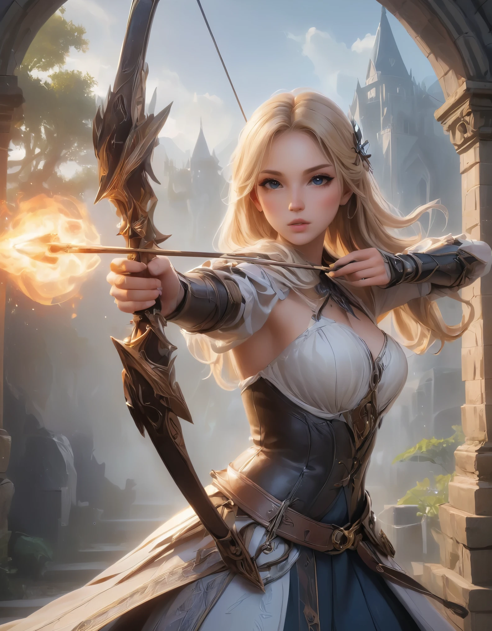 Woman shooting a bow, Large Bow and Arrow, Take aim, longbow , Aiming with a bow, Delicate expression, Perfect hands(Five fingers), Beautiful Hair, Shiny Hair, Beautiful Skin, Detailed face and eyes, Glossy Lips, Medieval Fantasy, dramaticな照明, Film composition, dramaticなポーズ, Medieval Armor, Intricate details, Dramatic atmosphere, Moody lighting, an epic fantasy, Very detailed, Cinematic, dramatic, powerful, strong, (Highest quality:1.2, Very detailed, Latest, Vibrant, Ultra-high resolution, High Contrast, masterpiece:1.2, Highest quality, Best aesthetics),