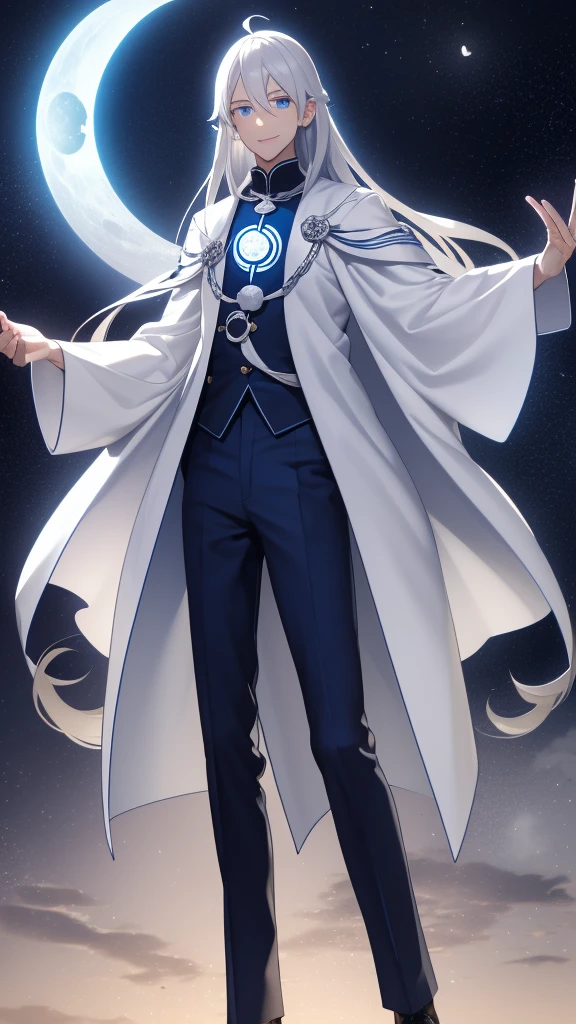 1 tall young man, silver hair, blue eyes, white skin, smile, long hair, floating in the air, short jacket, long trousers, holding a lantern, Chinese lantern, night, moon, blue lights, blue lantern, demonic lantern