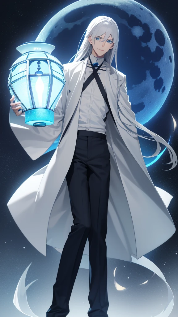 1 tall young man, silver hair, blue eyes, white skin, smile, long hair, floating in the air, short jacket, long trousers, holding a lantern, Chinese lantern, night, moon, blue lights, blue lantern, demonic lantern