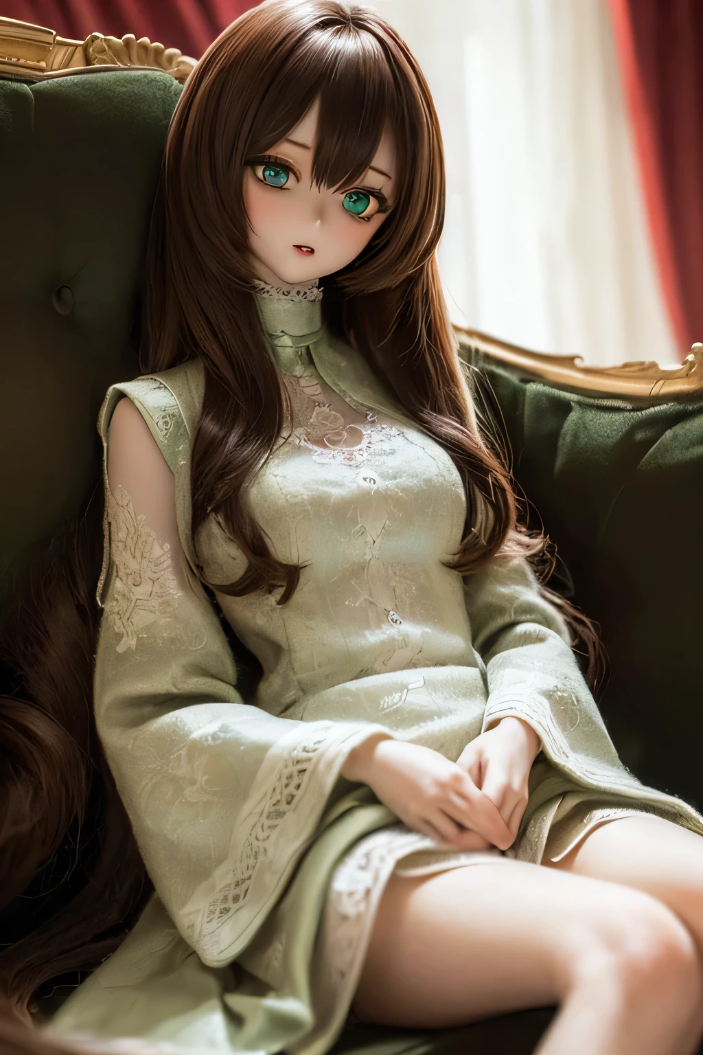 photorealistic, realistic photo, ((highest quality)), ((masterpiece)), detailed, kukolnydom, doll, (woman, 22yo, 22 years old:1.6), solo, (sitting on sofa, reclining on sofa, green eyes, brown hair, medium hair, wavy hair, parted lips, looking at another, skinny, slender, slim, blank eyes, empty eyes, detailed eyes, detailed face:1.3), blouse, castle, 8k