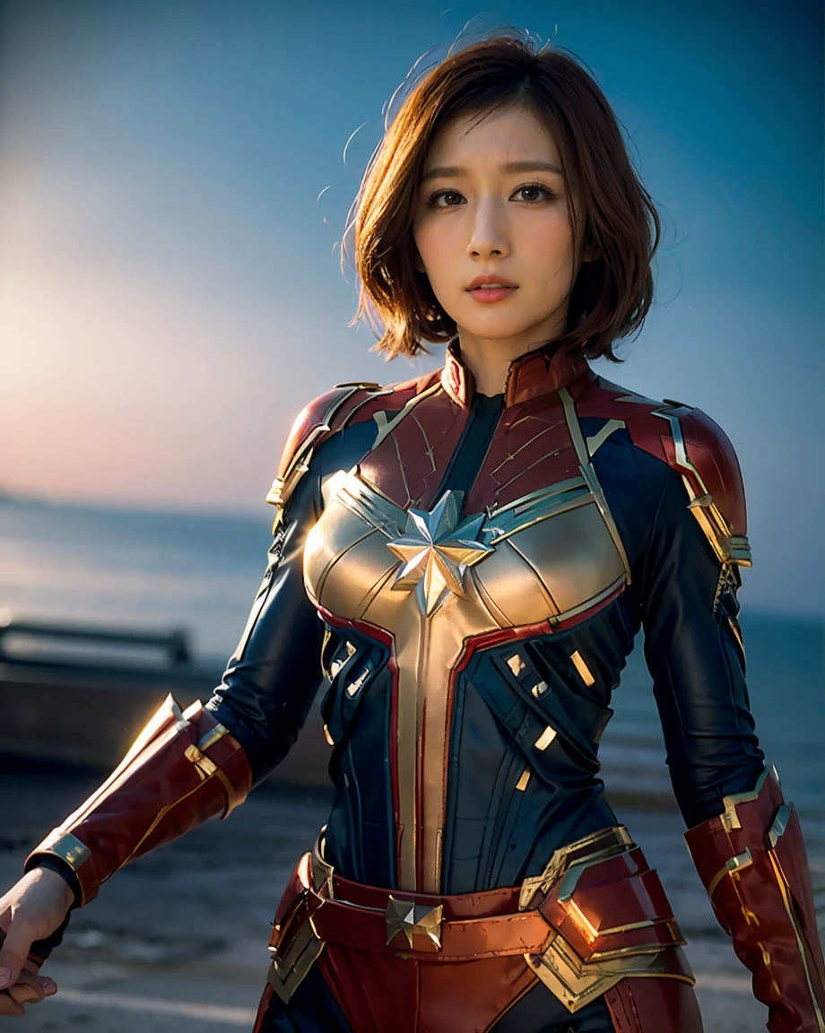 full body shot of kathwin:1,side lighting,(short pixie hair:1.3),rim lighting on hair, shallow sharp depth of field, feminine heroic,(curvy:1.4), (highly detailed), (Award winning), (Masterpiece), movie still, (HDR), (8k wallpaper),captain marvel suit,flying,sky background,female focus 