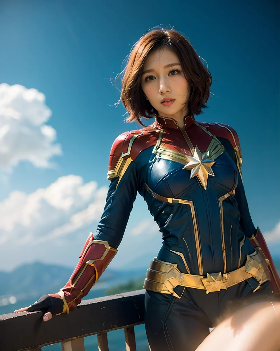 full body shot of kathwin:1,side lighting,(short pixie hair:1.3),rim lighting on hair, shallow sharp depth of field, feminine heroic,(curvy:1.4), (highly detailed), (Award winning), (Masterpiece), movie still, (HDR), (8k wallpaper),captain marvel suit,flying,sky background,female focus 