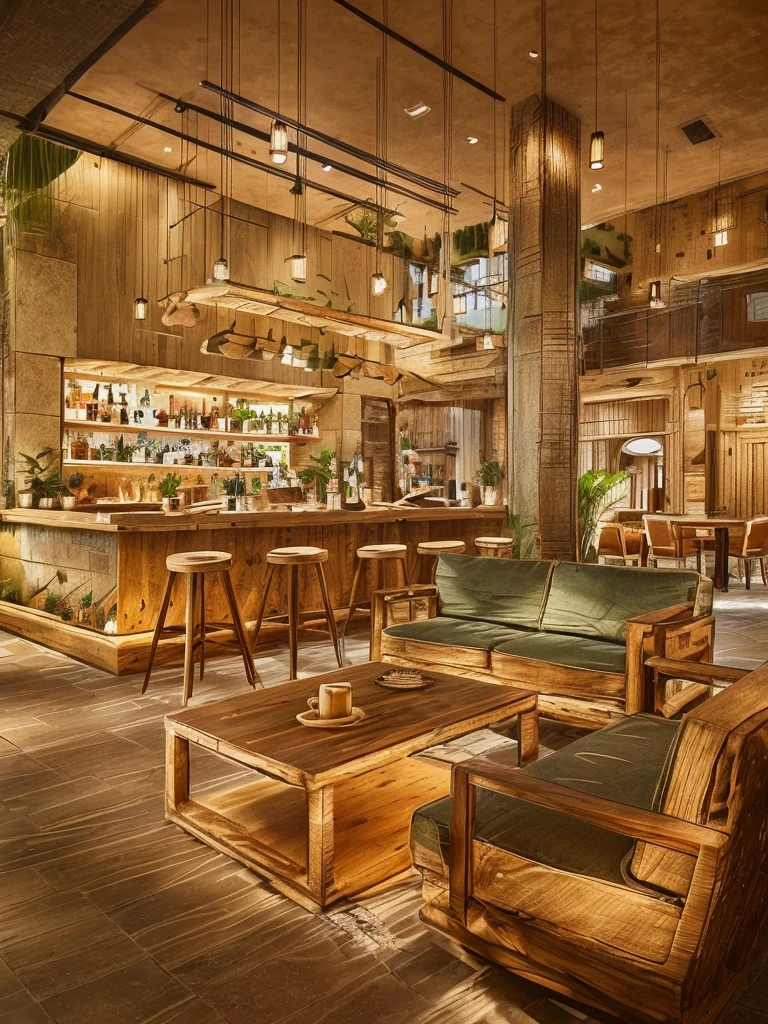 Mediterranean-style bar, rustic wooden furniture, earthy tones, natural stone, colorful tiles, hanging plants, sea view, soft lighting, inviting atmosphere, traditional decor