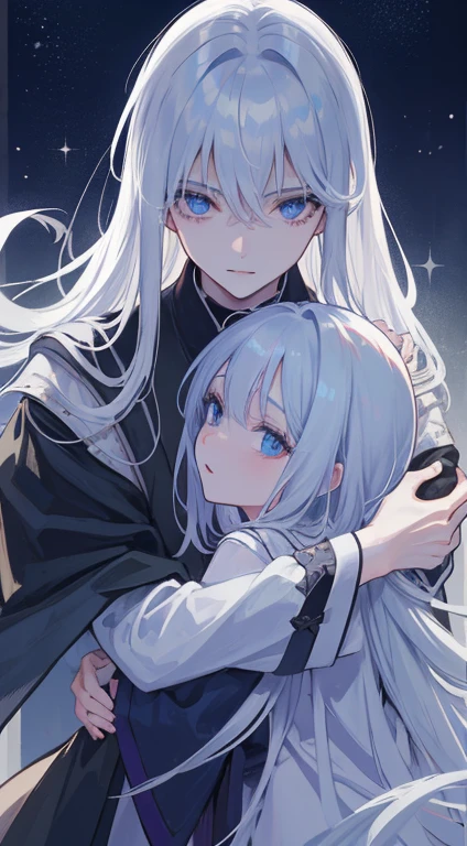 1man, Sharp blue eyes with sharp pupils, white sharp hair and he was wearing black noble robes and, Intimate hugs and kisses with his lovely wife ((41 year old face))、Soul Level、Deep tieake love、Naruki and Keiko、rays of moonlight、Parallel worlds、Connections from past lives、integration