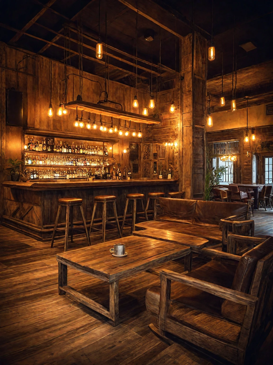 Vintage-style bar, rustic wooden furniture, antique pendant lights, dim lighting, cozy ambiance, aged wood, warm glow, vintage decor, intimate, nostalgic