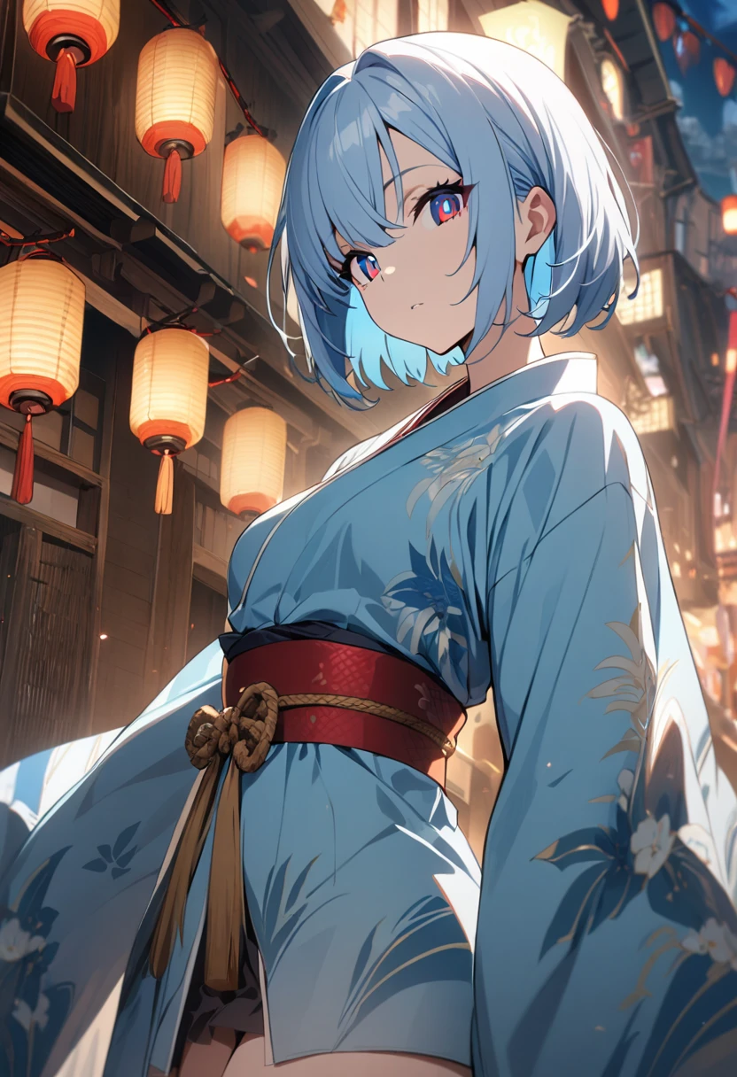 1 girl, masterpiece, best quality, fair skin, light blue hair, bob, blue eyes, red pupils, slit, kimono, anime