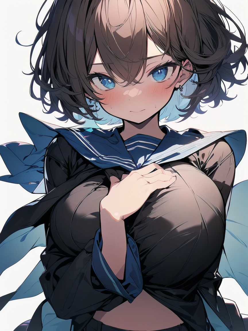 (best quality), (Super detailed), (Best Illustration), (masterpiece), (woman), hands on own chest, {(white serafuku:1.2)}, (large breasts:1.2), {brown hair, (sideburns), (bob cut:1.3), curly hair, hairs between eyes, colored inner hair}, {(detailed eyes), blue eyes}, embarrassed, blush, earring, wind, white background