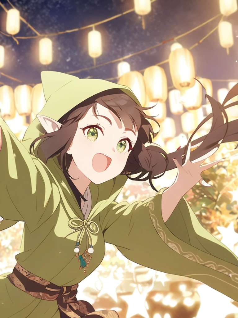 1woman, playful, elven, black brown hair, thick twin tail hairstyle, bangs hair, light green starry-eyed , joyful, elegant, hoodie, traditional thai costume,