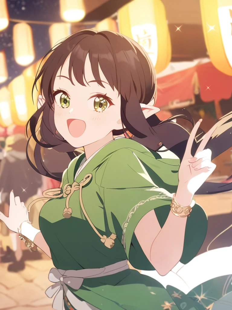 1woman, playful, elven, black brown hair, thick twin tail hairstyle, bangs hair, light green starry-eyed , joyful, elegant, hoodie, traditional thai costume,