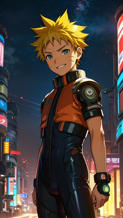 (8k),(masterpiece),(Japanese),(13-year-old boy),((innocent look)),((Childish)),From the front,smile,cute,Innocent,Kind eyes,Flat chest, Uzumaki Naruto wearing cyberpunk bodysuit,Short,Hair blowing in the wind,Yellow Hair,Strong wind,night,dark, Neon light cyberpunk Konoha Space Station 