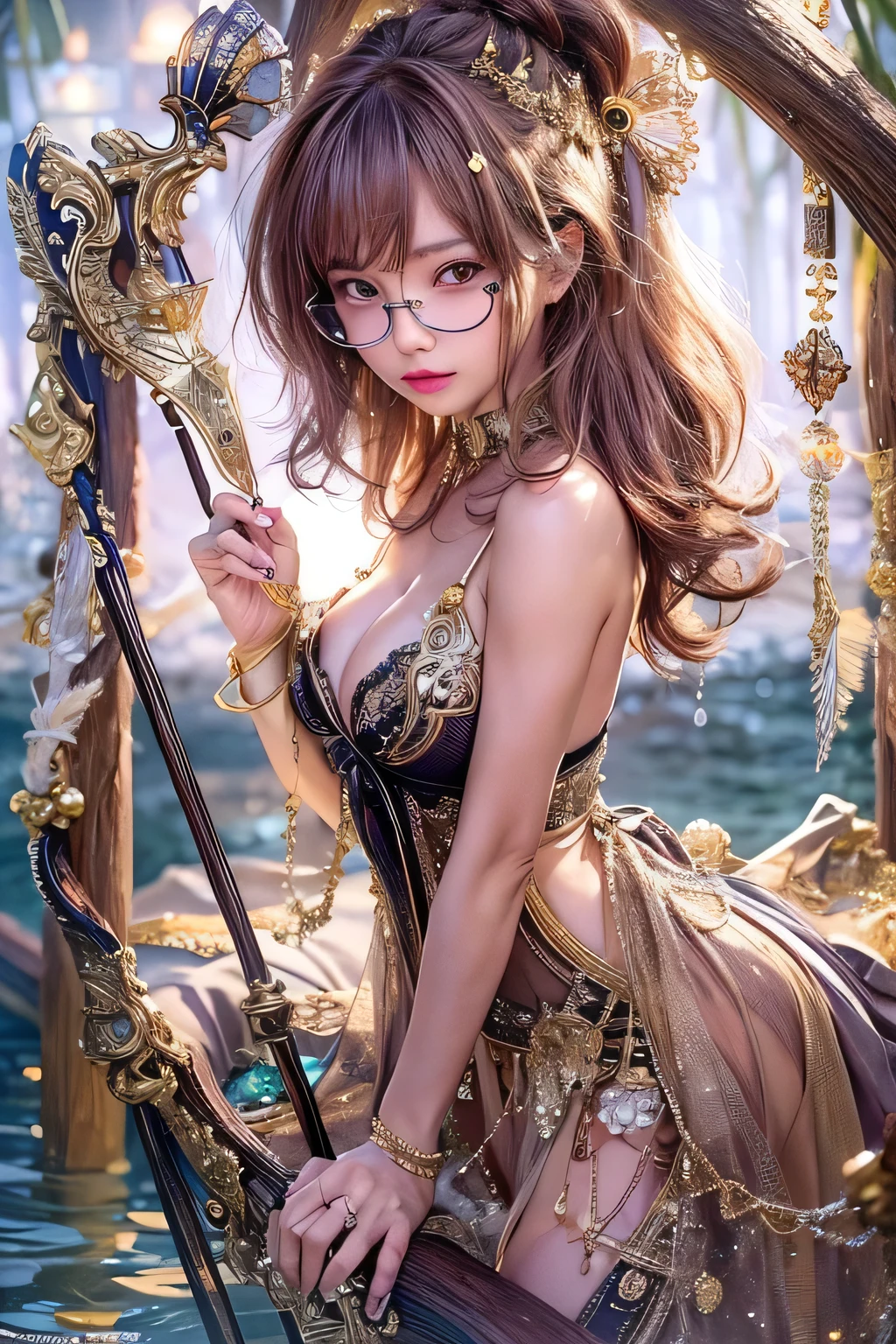 masterpiece, 1 Seductive Woman, Fine grain, highest quality, Ultra High resolution, (reality: 1.4), Cinema Lighting, Beautiful Skin, (Ultra-realistic), (High resolution), (8k), (Very detailed), ( Best illustrations), Pouting slightly, (Crystal colorful lights), Extremely refined and beautiful, beautiful detailed eyes, Round eyes, detailed facial features, (Round pupils:1.4), (alluring face), Glistening Lips, sexual climax, Seduction, bitch, (small breasts:1.3), Open lips, (Beautiful and detailed face, Beautiful and delicate eyes), pink cheek, mascara, brown hair, short hair, (cleavage:1.3), (see through:1.1), Exposed thighs, Beautiful thighs, Showing off thighs, Witch, (wearing a wizard dress), Big glasses, rosary, (hold a staff), Mystical Lake, underwater, (leaning forward), hands on knees