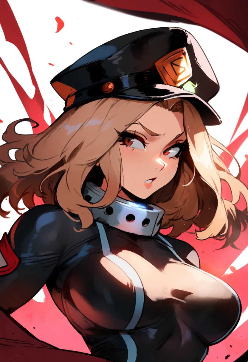 1girl, utsushimi kemii, boku no hero academia \\\\\ masterpiece, best quality, very aesthetic, absurdres, newest \\\\\\ slim body,///// by dodok,by nyantcha,cutesexyrobutts , by khyle,,//////light brown hair  , cap,  black catsuit .  white background, simple background, dark brown eyes
