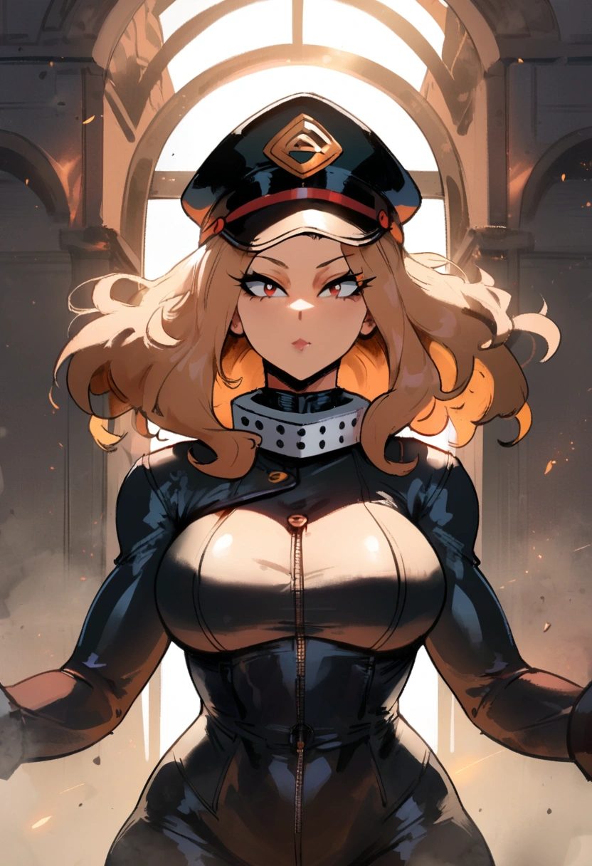1girl, utsushimi kemii, boku no hero academia \\\\\ masterpiece, best quality, very aesthetic, absurdres, newest \\\\\\ slim body,///// by dodok,by nyantcha,cutesexyrobutts , by khyle,,//////light brown hair , cap, black catsuit . white background, simple background, dark brown eyes, zipper running down the middle, left slightly down to reveal her cleavage, the cover of a porn magazine,