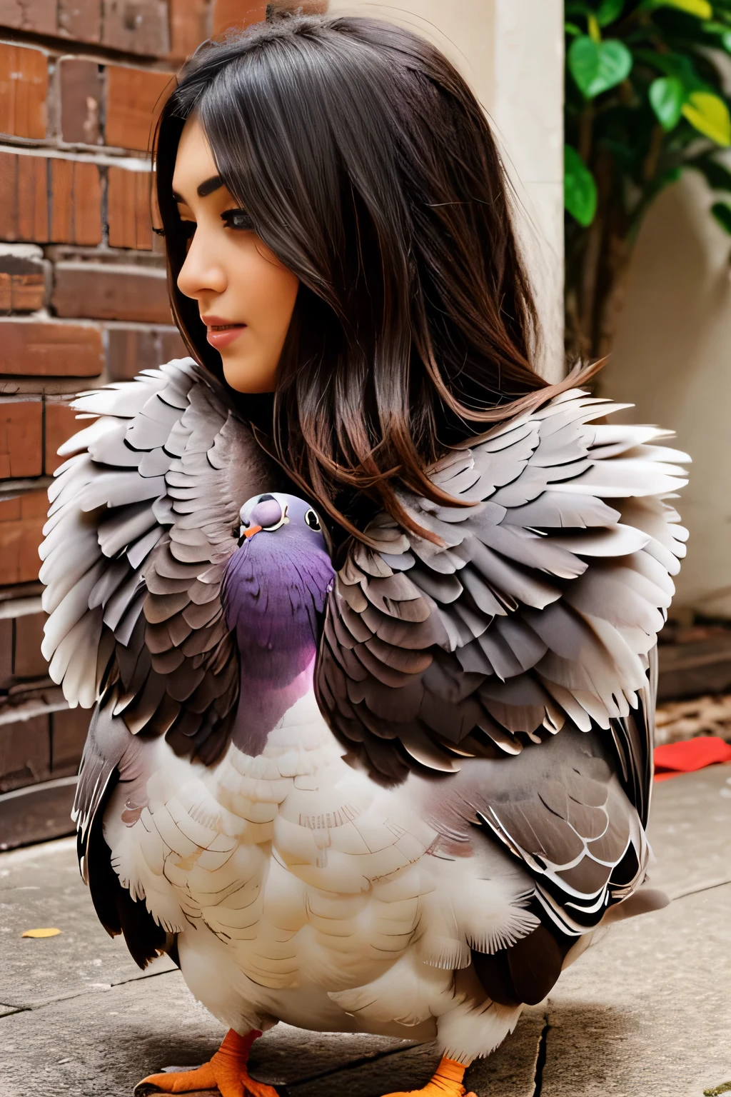 Hansika Motwani is a pigeon bird, She is a bird but her head looks like girl, from neck to full body looks like pigeon bird. Pigeon legs, pigeon wings. Bird body, pigeon body, perfect picture, perfect bird, real bird, Real head replace with real pigeon head. Exact Bird. Red Color pigeon.
