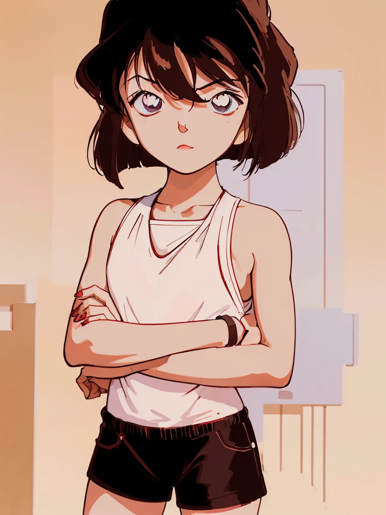 masterpiece, best quality, beautiful face, (street, upper body:1.4), anime style, (1girl in, Solo:1.0), (Haibara Ai), ((Short pants)), (((Big eyes))), (Cute anime girl head), (flat chest),looking at viewer,With a height of 100cm, shoot from front, (head shot), Simple line minimalism, Abstract Art, City background