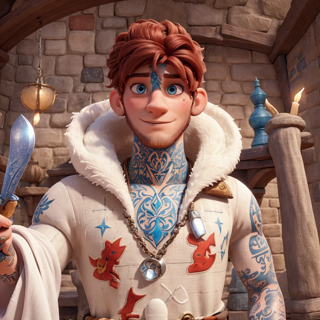 Mechant sorcièr tatouer et avec des percings avec une tenue entièrement blanche avec de légers motif or et rouge avec les cheveux très courts brun et au yeux or et brun dans l'univers de disney