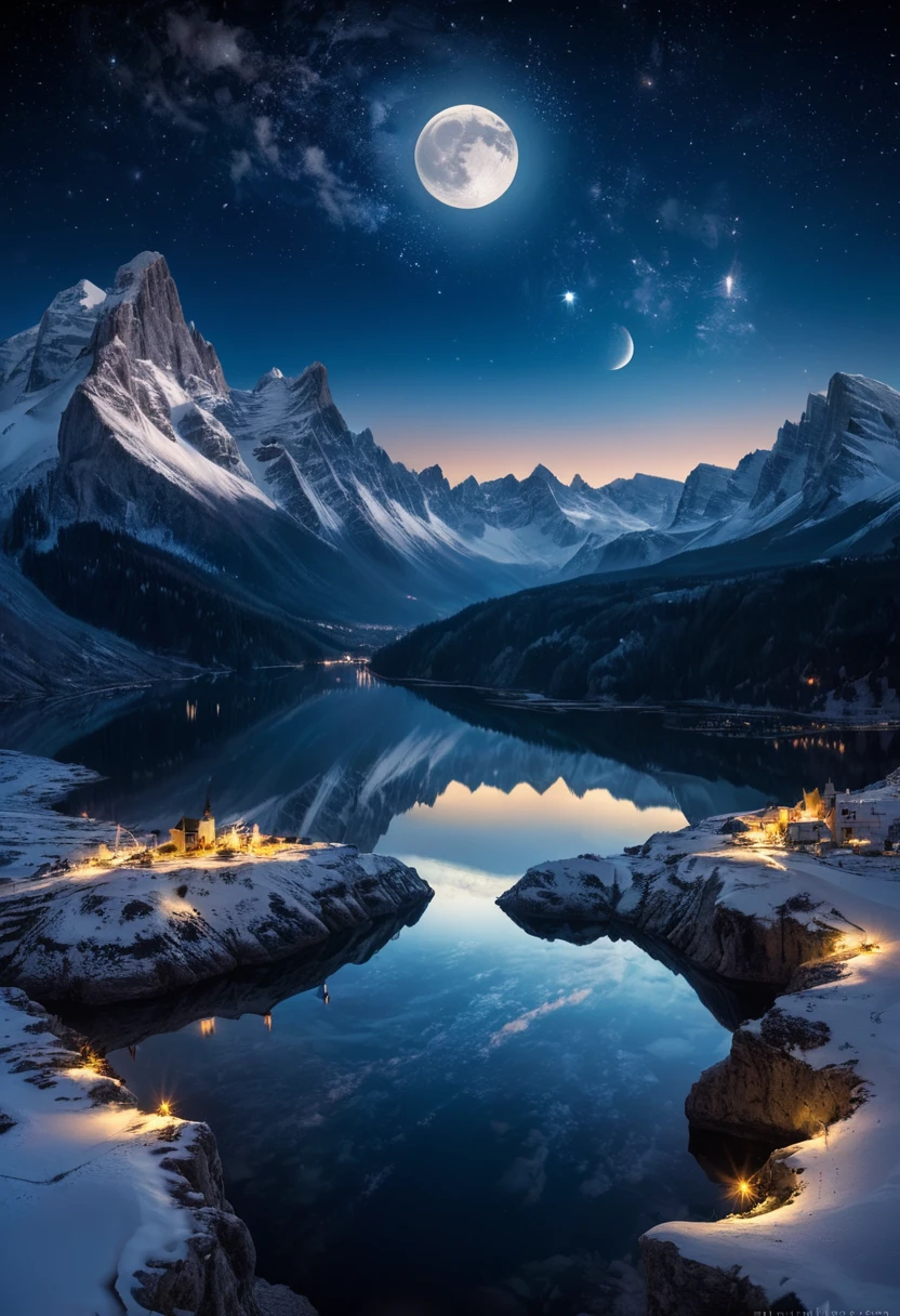 Night view,Wide sea,The city lights are bright in the distance,Reflection,moon,Snow-capped mountains in the distance,galaxy,Star,Sea of Clouds,Beautiful scenery,Ultra-fine image quality,Photography Masterpieces