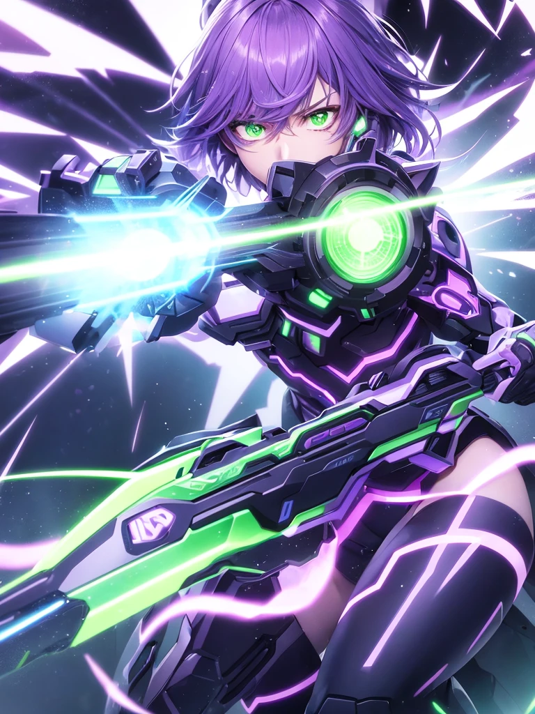 a man in purple clothing using a lethal neon green firearm with flashes of purple and green lights on a dark background and a determined expression