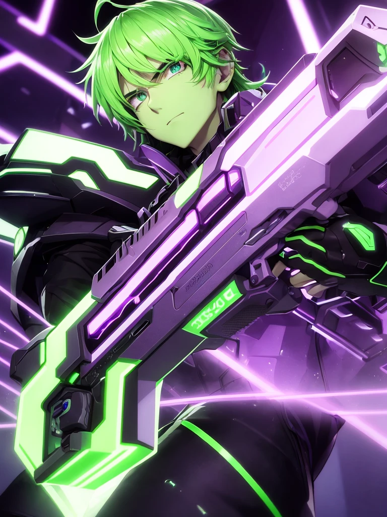 a man in purple clothing using a lethal neon green firearm with flashes of purple and green lights on a dark background and a determined expression